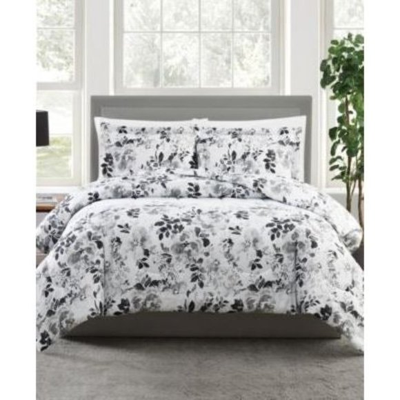 Pem AMERICA Black & White Floral Print 2 Piece TWIN/ TWIN XL Comforter Set - Picture 1 of 4
